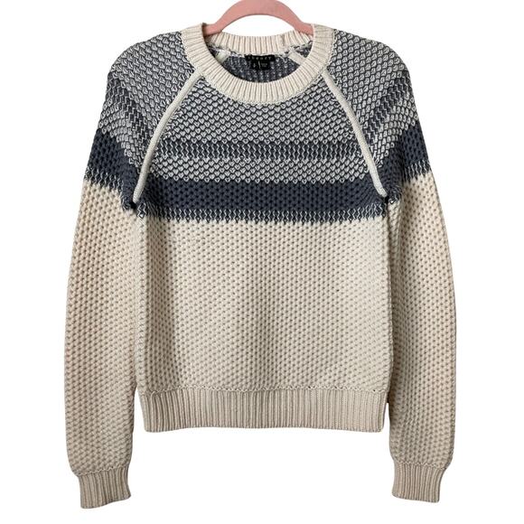 Theory Sweater Womens Small Cream Gray 100% Wool Crochet Knit Nordic Fisherman - Picture 1 of 11